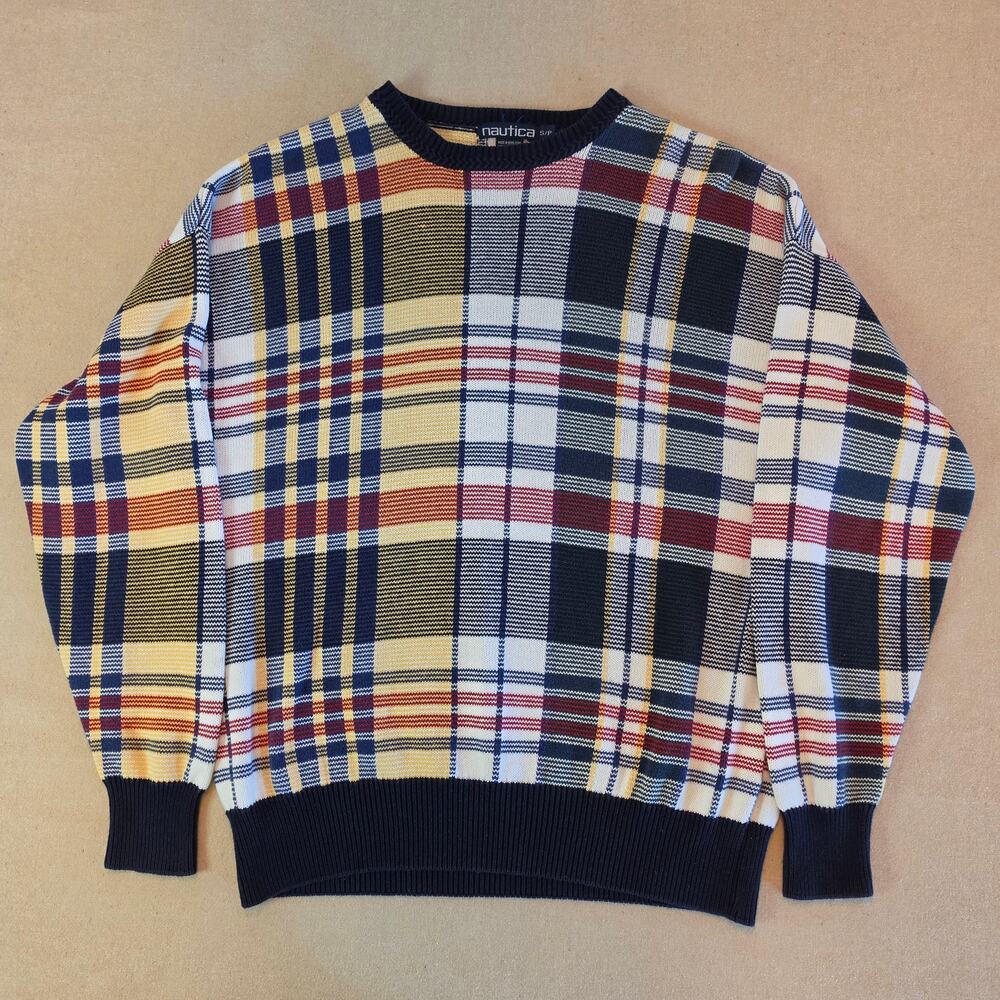Nautica Vintage 90s Men's Plaid Multicolor Grandpa Sweater 100% Cotton Sz Small - Picture 2 of 7